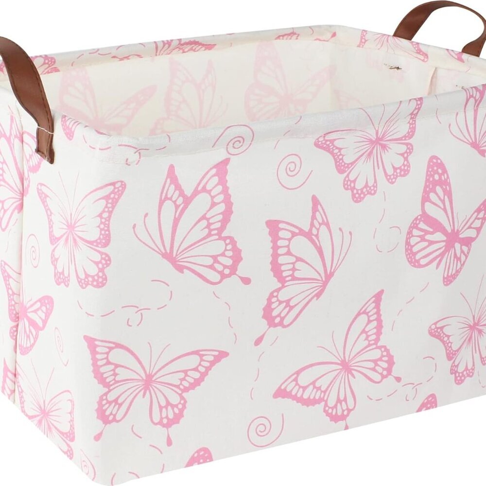 Rectangular Pink Basket, Collapsible Storage Bin, Waterproof Storage Box with Ha